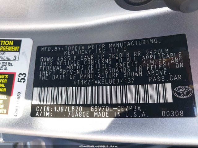 2020 Toyota Camry Xse V6 მანქანა იყიდება აუქციონზე, vin: 4T1KZ1AK5LU037137, აუქციონის ნომერი: 44595936