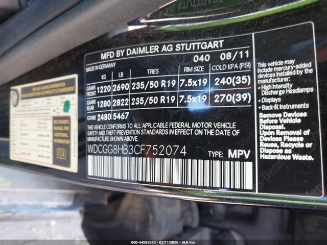 44595943 :رقم المزاد ، WDCGG8HB3CF752074 vin ، 2012 Mercedes-benz Glk 350 4matic مزاد بيع