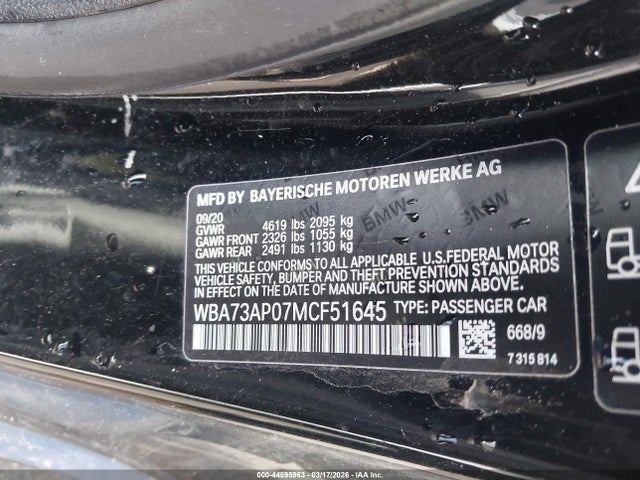 44595963 :رقم المزاد ، WBA73AP07MCF51645 vin ، 2021 Bmw 430i Xdrive مزاد بيع