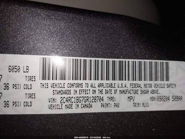 44595975 :رقم المزاد ، 2C4RC1BG7GR128704 vin ، 2016 Chrysler Town & Country Touring مزاد بيع