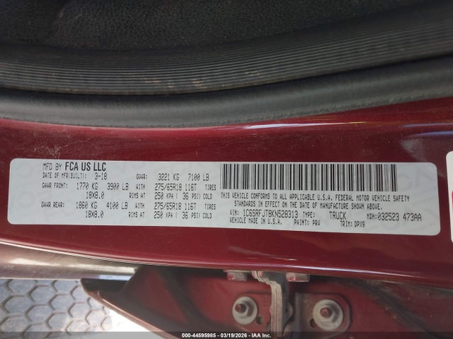 44595985 :رقم المزاد ، 1C6SRFJT8KN528313 vin ، 2019 Ram 1500 Laramie  4x4 5'7 Box مزاد بيع