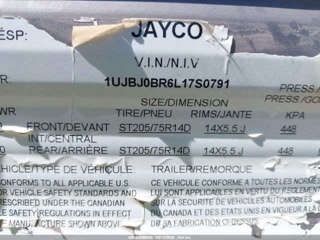 2020 Jayco Jay Flight მანქანა იყიდება აუქციონზე, vin: 1UJBJ0BR6L17S0791, აუქციონის ნომერი: 44596090