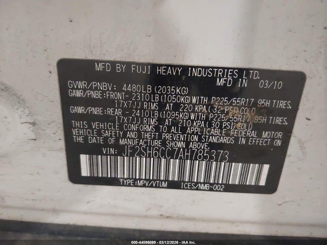 Aukcja sprzedaży 2010 Subaru Forester 2.5x Premium, vin: JF2SH6CC7AH785373, numer aukcji: 44596099