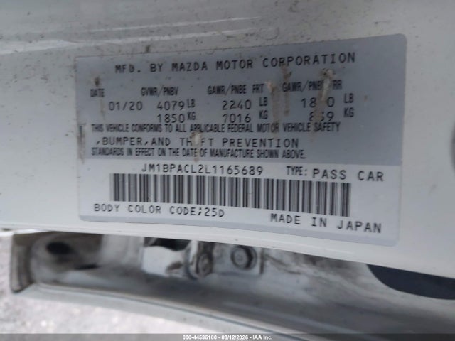 Aukcja sprzedaży 2020 Mazda Mazda3 Select Package, vin: JM1BPACL2L1165689, numer aukcji: 44596100