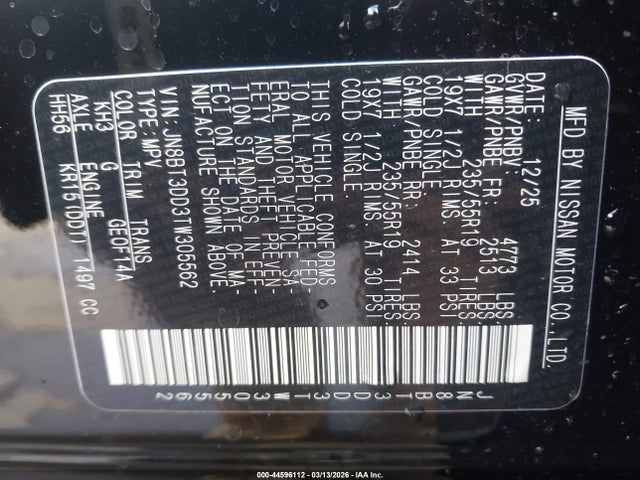Продаж на аукціоні авто 2026 Nissan Rogue Platinum, vin: JN8BT3DD3TW305562, номер лоту: 44596112