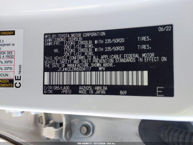 44596117 :رقم المزاد ، JTJHKCEZXN5004117 vin ، 2022 Lexus Nx 350h Luxury مزاد بيع