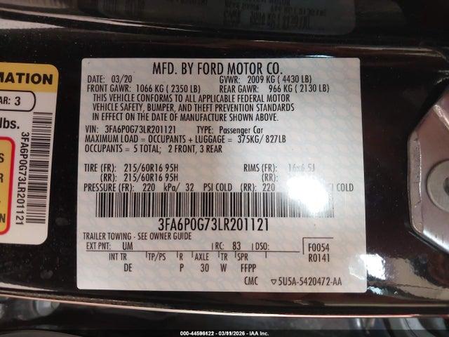 Ford FUSION S 2020 3FA6P0G73LR201121 Image 9