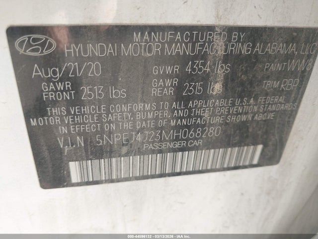 Aukcja sprzedaży 2021 Hyundai Sonata Sel Plus, vin: 5NPEJ4J23MH068280, numer aukcji: 44596132