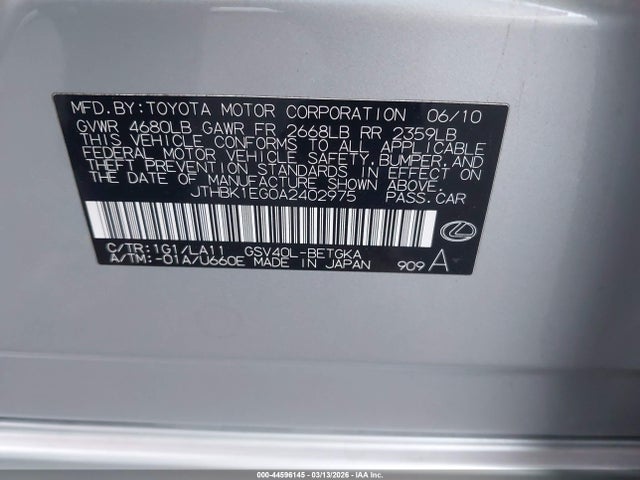2010 Lexus Es 350 მანქანა იყიდება აუქციონზე, vin: JTHBK1EG0A2402975, აუქციონის ნომერი: 44596145