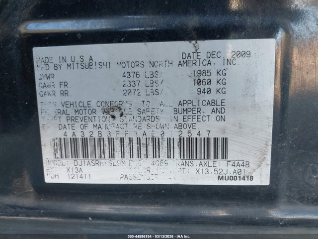 Продаж на аукціоні авто 2010 Mitsubishi Galant Es/se, vin: 4A32B3FF3AE012547, номер лоту: 44596154