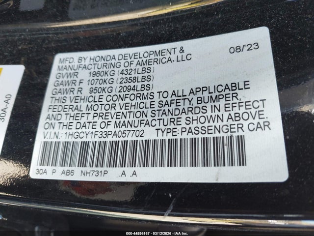 1HGCY1F33PA057702 Honda ACCORD EX
