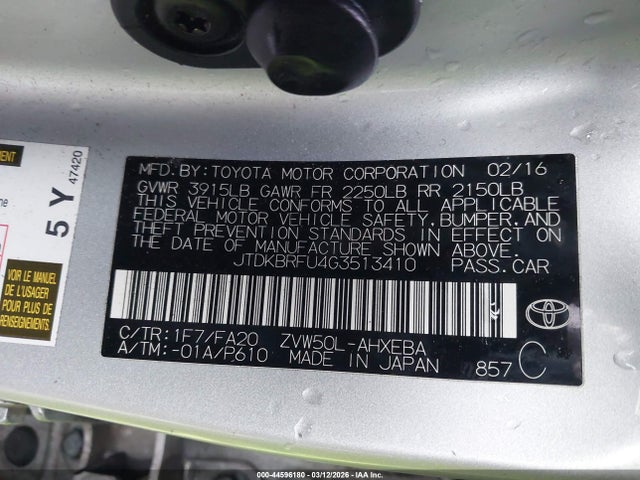 JTDKBRFU4G3513410 Toyota Prius Two