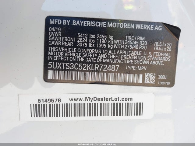 Aukcja sprzedaży 2019 Bmw X3 M40i, vin: 5UXTS3C52KLR72487, numer aukcji: 44596188