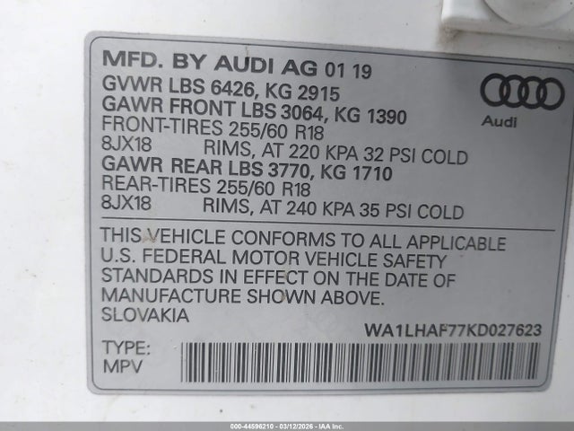 44596210 :رقم المزاد ، WA1LHAF77KD027623 vin ، 2019 Audi Q7 45 Premium مزاد بيع