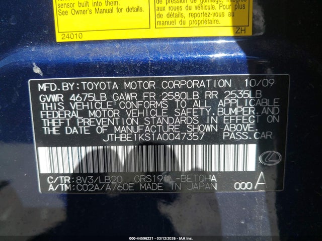 Aukcja sprzedaży 2010 Lexus Gs 350, vin: JTHBE1KS1A0047357, numer aukcji: 44596221