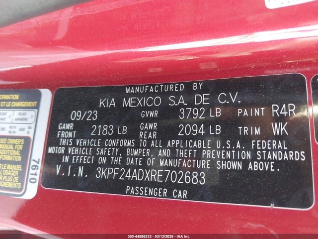 Продажа на аукционе авто 2024 Kia Forte Lxs, vin: 3KPF24ADXRE702683, номер лота: 44596232
