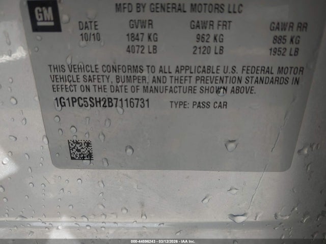 44596243 :رقم المزاد ، 1G1PC5SH2B7116731 vin ، 2011 Chevrolet Cruze Ls مزاد بيع