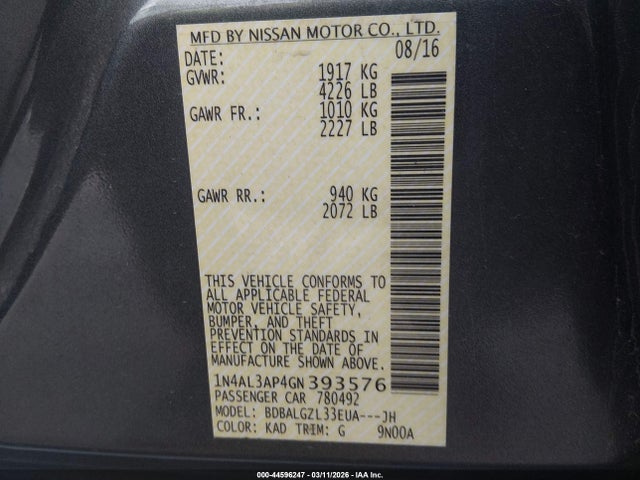 Aukcja sprzedaży 2016 Nissan Altima 2.5 S, vin: 1N4AL3AP4GN393576, numer aukcji: 44596247