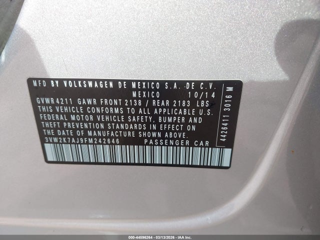 2015 Volkswagen Jetta 2.0l S მანქანა იყიდება აუქციონზე, vin: 3VW2K7AJ9FM242646, აუქციონის ნომერი: 44596264