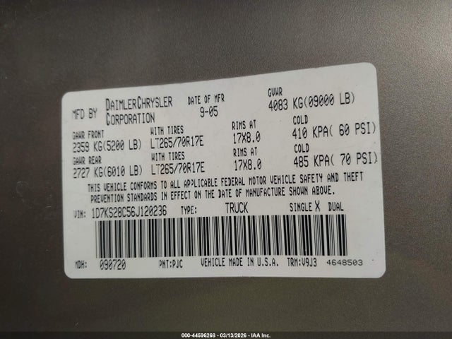 Продаж на аукціоні авто 2006 Dodge Ram 2500 Slt/sport, vin: 1D7KS28C56J120236, номер лоту: 44596268