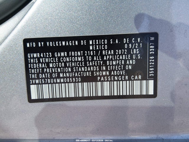 44596317 :رقم المزاد ، 3VWE57BU6MM085930 vin ، 2021 Volkswagen Jetta 1.4t Sel مزاد بيع