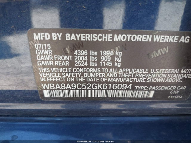 44596331 :رقم المزاد ، WBA8A9C52GK616094 vin ، 2016 Bmw 320i مزاد بيع
