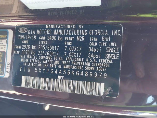 44596378 :رقم المزاد ، 5XYPG4A56KG489979 vin ، 2019 Kia Sorento 3.3l Lx مزاد بيع