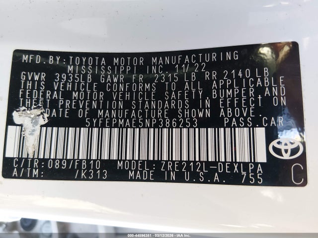 Aukcja sprzedaży 2022 Toyota Corolla Le, vin: 5YFEPMAE5NP386253, numer aukcji: 44596381