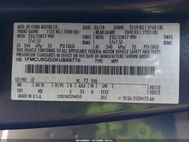 Aukcja sprzedaży 2019 Ford Escape Se, vin: 1FMCU9GD2KUB68776, numer aukcji: 44596407