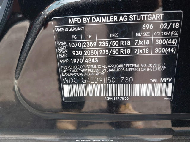 Aukcja sprzedaży 2018 Mercedes-benz Gla 250, vin: WDCTG4EB9JJ501730, numer aukcji: 44596436