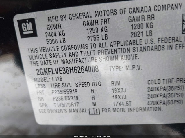 44596442 :رقم المزاد ، 2GKFLVE36H6264008 vin ، 2017 Gmc Terrain Denali مزاد بيع