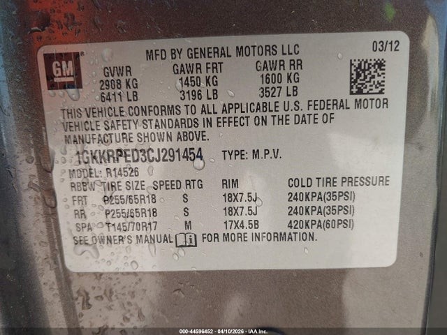 Продажа на аукционе авто 2012 Gmc Acadia Sle, vin: 1GKKRPED3CJ291454, номер лота: 44596452