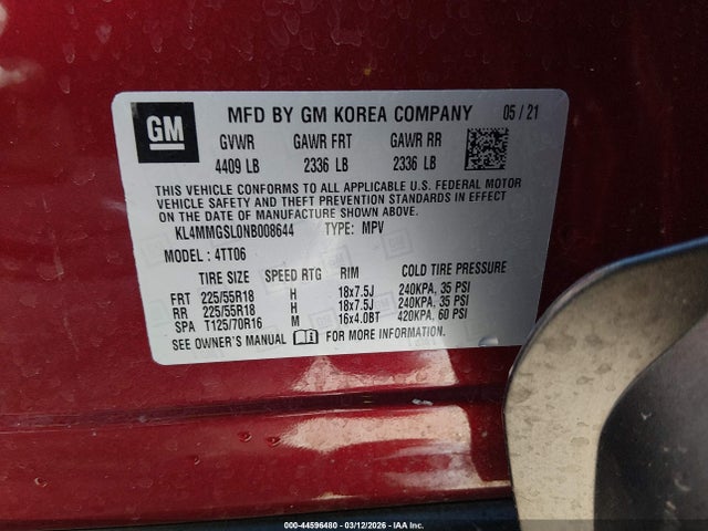 44596480 :رقم المزاد ، KL4MMGSL0NB008644 vin ، 2022 Buick Encore Gx Awd Essence مزاد بيع