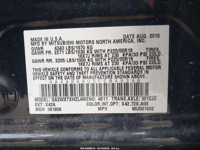Продаж на аукціоні авто 2015 Mitsubishi Outlander Sport Se, vin: 4A4AR4AU5FE049346, номер лоту: 44596516