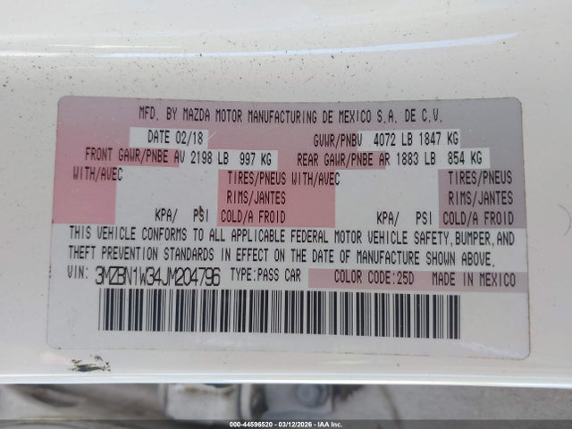Aukcja sprzedaży 2018 Mazda Mazda3 Grand Touring, vin: 3MZBN1W34JM204796, numer aukcji: 44596520