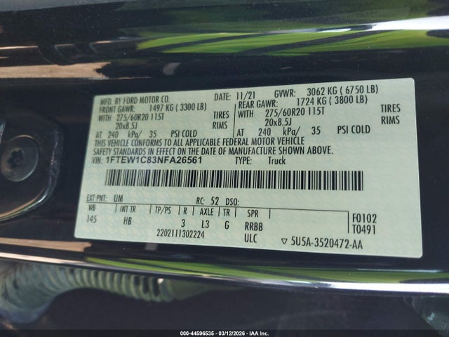 44596535 :رقم المزاد ، 1FTEW1C83NFA26561 vin ، 2022 Ford F-150 Lariat مزاد بيع