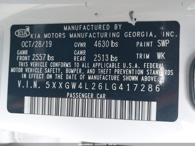 Aukcja sprzedaży 2020 Kia Optima Sx Turbo, vin: 5XXGW4L26LG417286, numer aukcji: 44596543