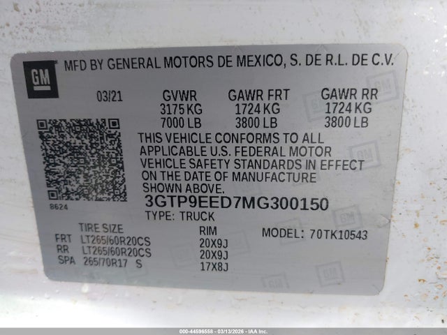 Aukcja sprzedaży 2021 Gmc Sierra 1500 4wd  Short Box At4, vin: 3GTP9EED7MG300150, numer aukcji: 44596558