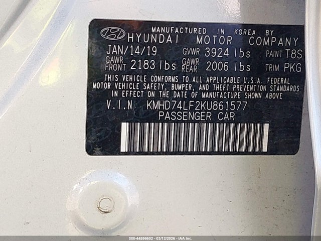 Aukcja sprzedaży 2019 Hyundai Elantra Se, vin: KMHD74LF2KU861577, numer aukcji: 44596602