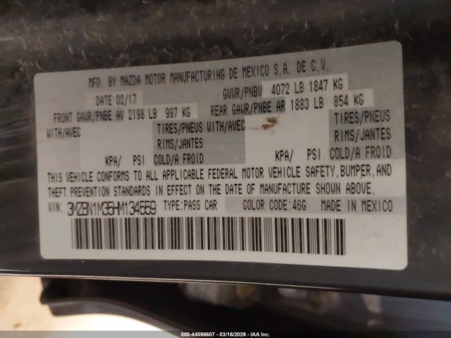 44596607 :رقم المزاد ، 3MZBN1M35HM134559 vin ، 2017 Mazda Mazda3 Grand Touring مزاد بيع
