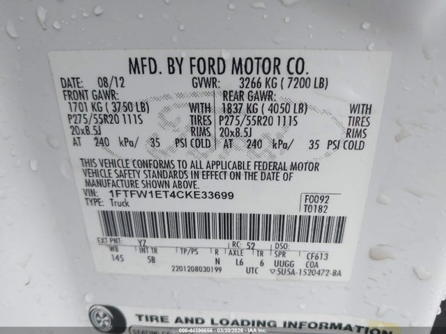 Aukcja sprzedaży 2012 Ford F-150 Fx4, vin: 1FTFW1ET4CKE33699, numer aukcji: 44596656