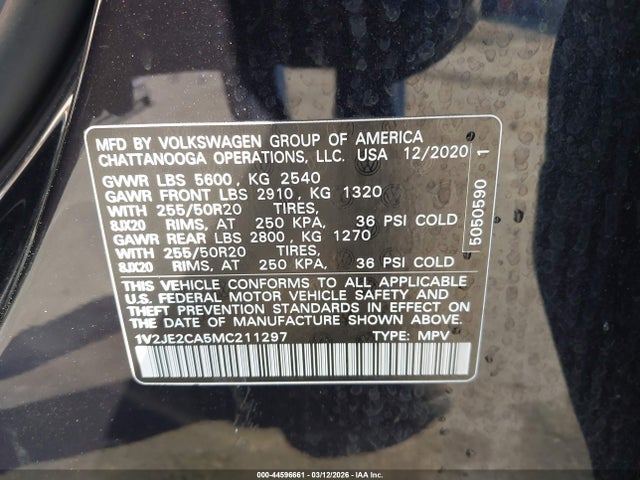 1V2JE2CA5MC211297 Volkswagen Atlas Cross Sport 3.6l V6 Se W/technology