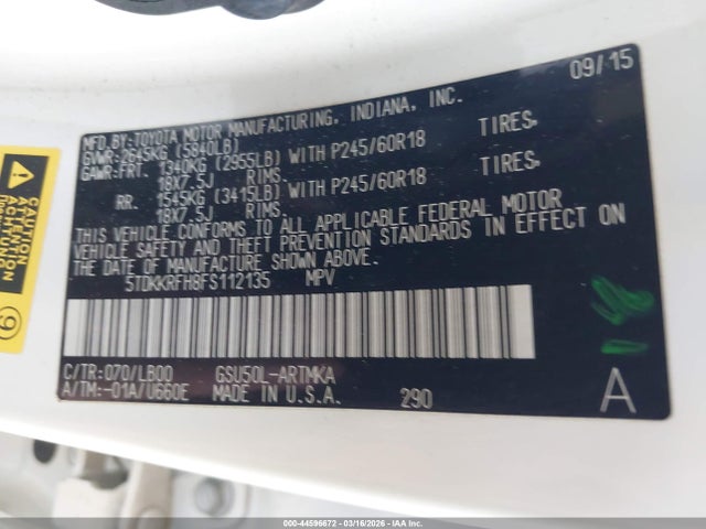 Toyota Highlander Xle V6 2015 5TDKKRFH8FS112135 Image 9