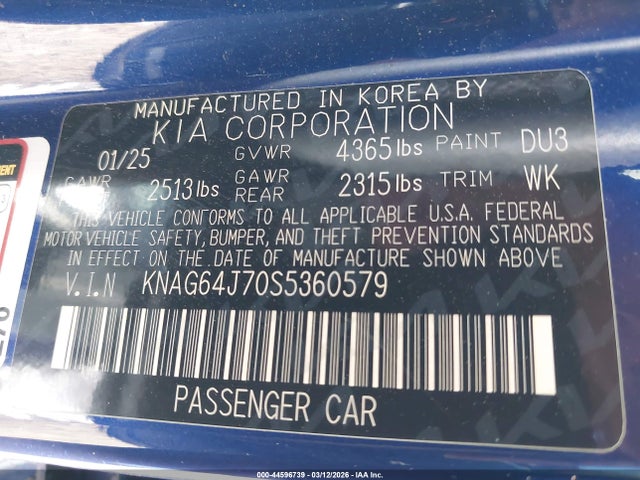 Aukcja sprzedaży 2025 Kia K5 Gt-line, vin: KNAG64J70S5360579, numer aukcji: 44596739