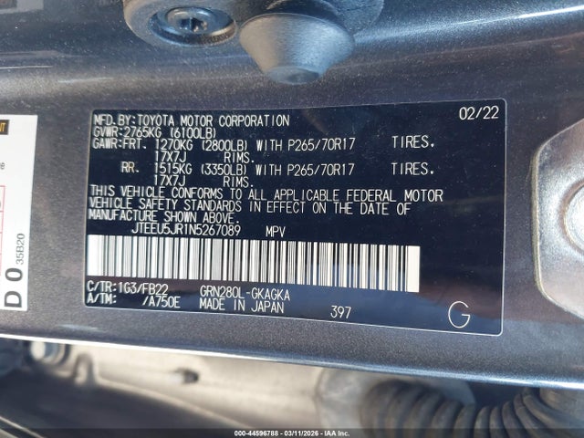 Toyota 4RUNNER SR5 2022 JTEEU5JR1N5267089 Image 9