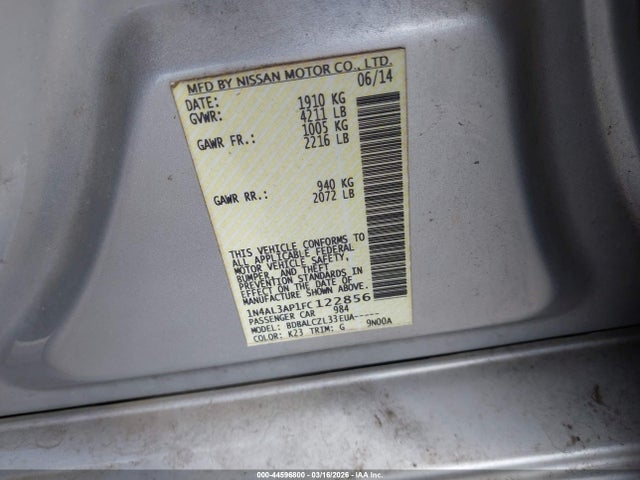 44596800 :رقم المزاد ، 1N4AL3AP1FC122856 vin ، 2015 Nissan Altima 2.5/2.5 S/2.5 Sl/2.5 Sv مزاد بيع