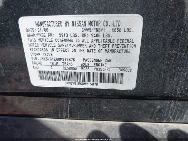 2008 Infiniti G35 Journey მანქანა იყიდება აუქციონზე, vin: JNKBV61E68M215876, აუქციონის ნომერი: 44596816