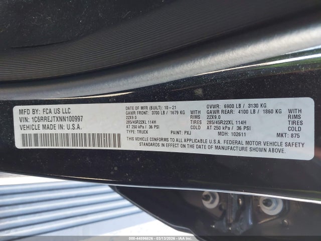 44596826 :رقم المزاد ، 1C6RREJTXNN100997 vin ، 2022 Ram 1500 Laramie  4x2 5'7 Box مزاد بيع