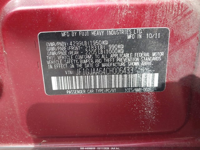 Продажа на аукционе авто 2012 Subaru Impreza 2.0i, vin: JF1GJAA64CH006433, номер лота: 44596859