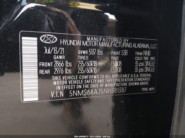Aukcja sprzedaży 2022 Hyundai Santa Fe Xrt, vin: 5NMS64AJ5NH381387, numer aukcji: 44596873